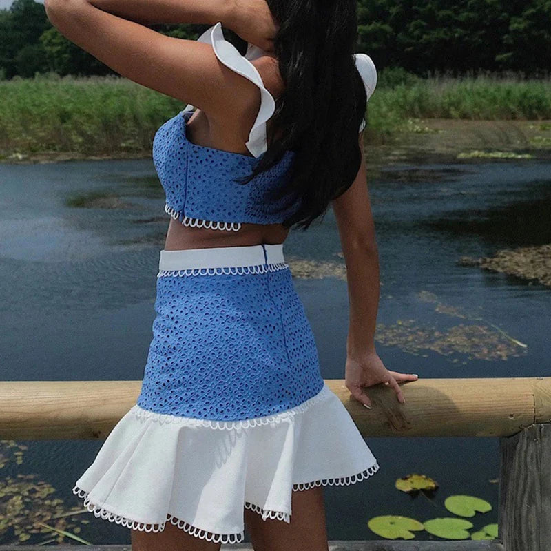Flying Sleeve Colorblock Skirt Two Piece Set - Image 6