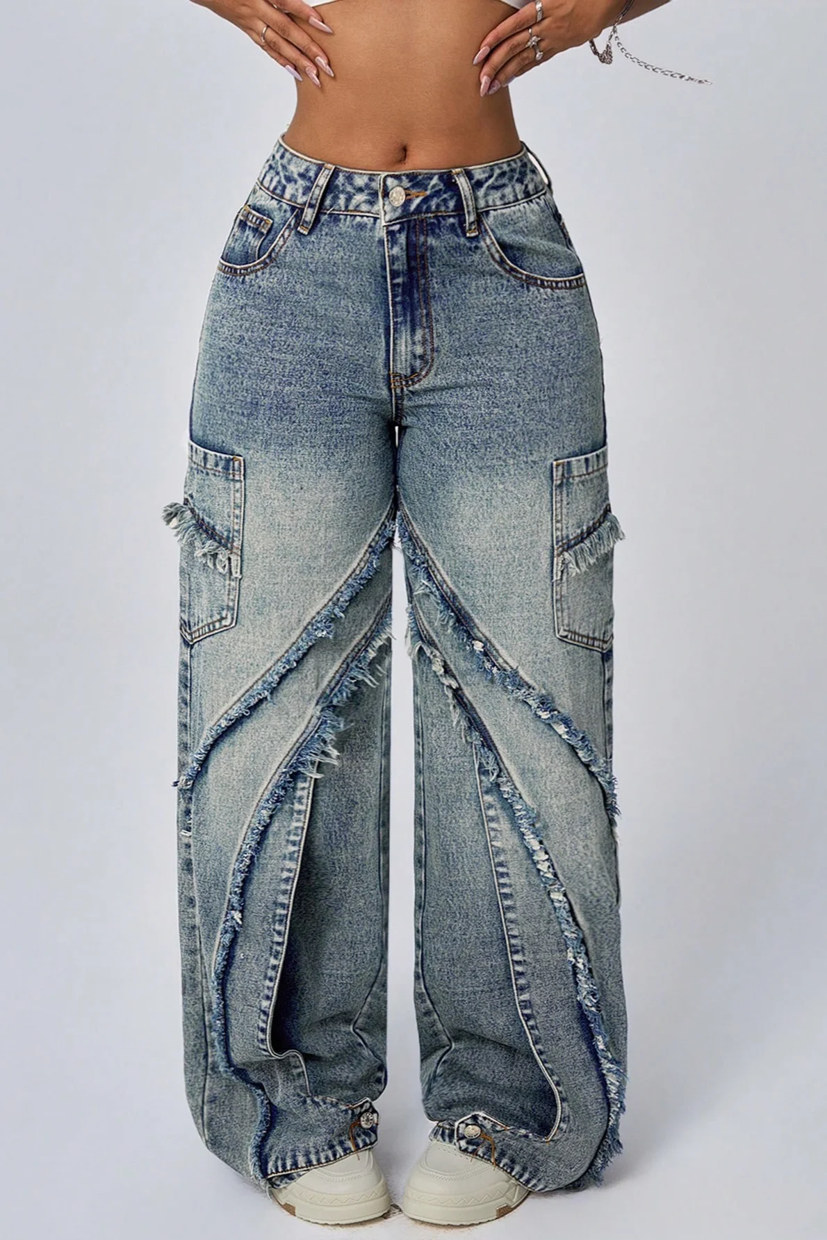 Frayed Patchwork Wide-Leg Loose Denim Jeans - Image 2