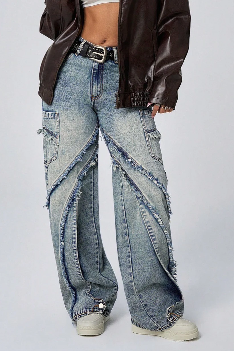 Frayed Patchwork Wide-Leg Loose Denim Jeans - Image 3