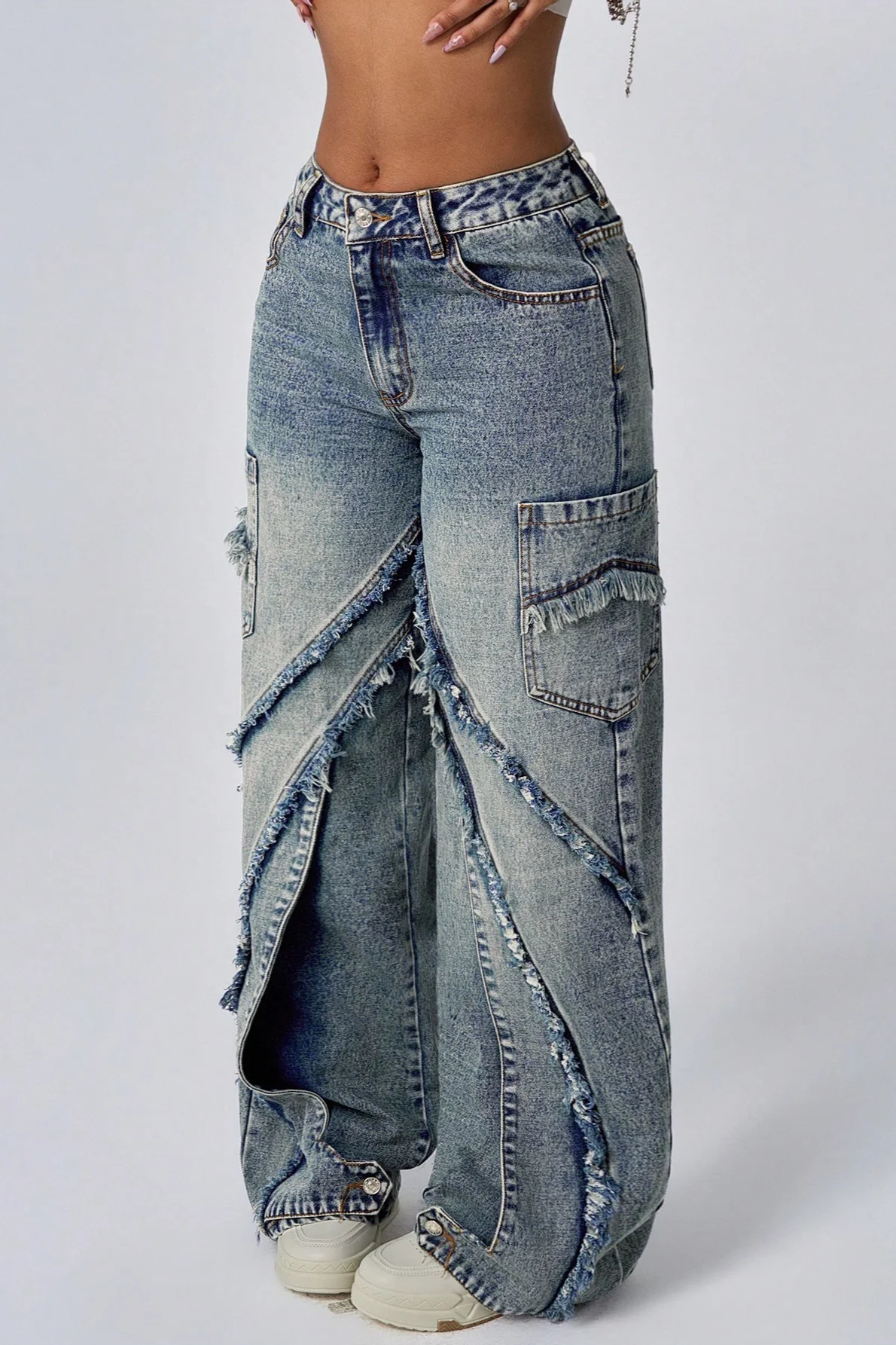 Frayed Patchwork Wide-Leg Loose Denim Jeans - Image 4
