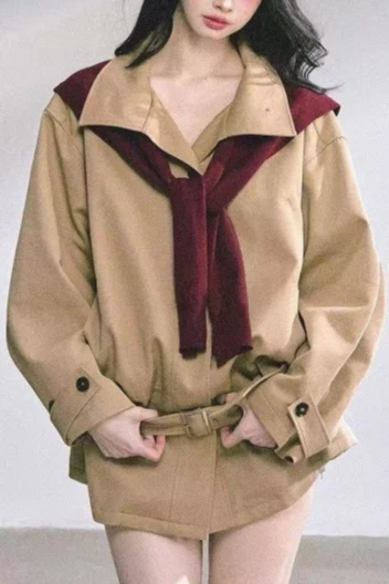 French Hepburn Stand Collar Belted Loose Slim Coat - Image 2