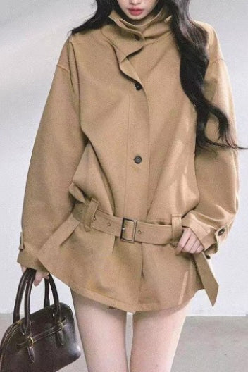 French Hepburn Stand Collar Belted Loose Slim Coat - Image 3