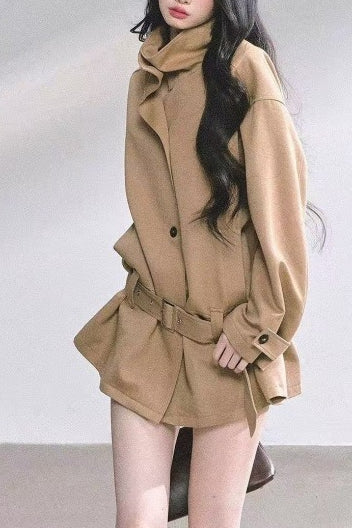 French Hepburn Stand Collar Belted Loose Slim Coat - Image 4