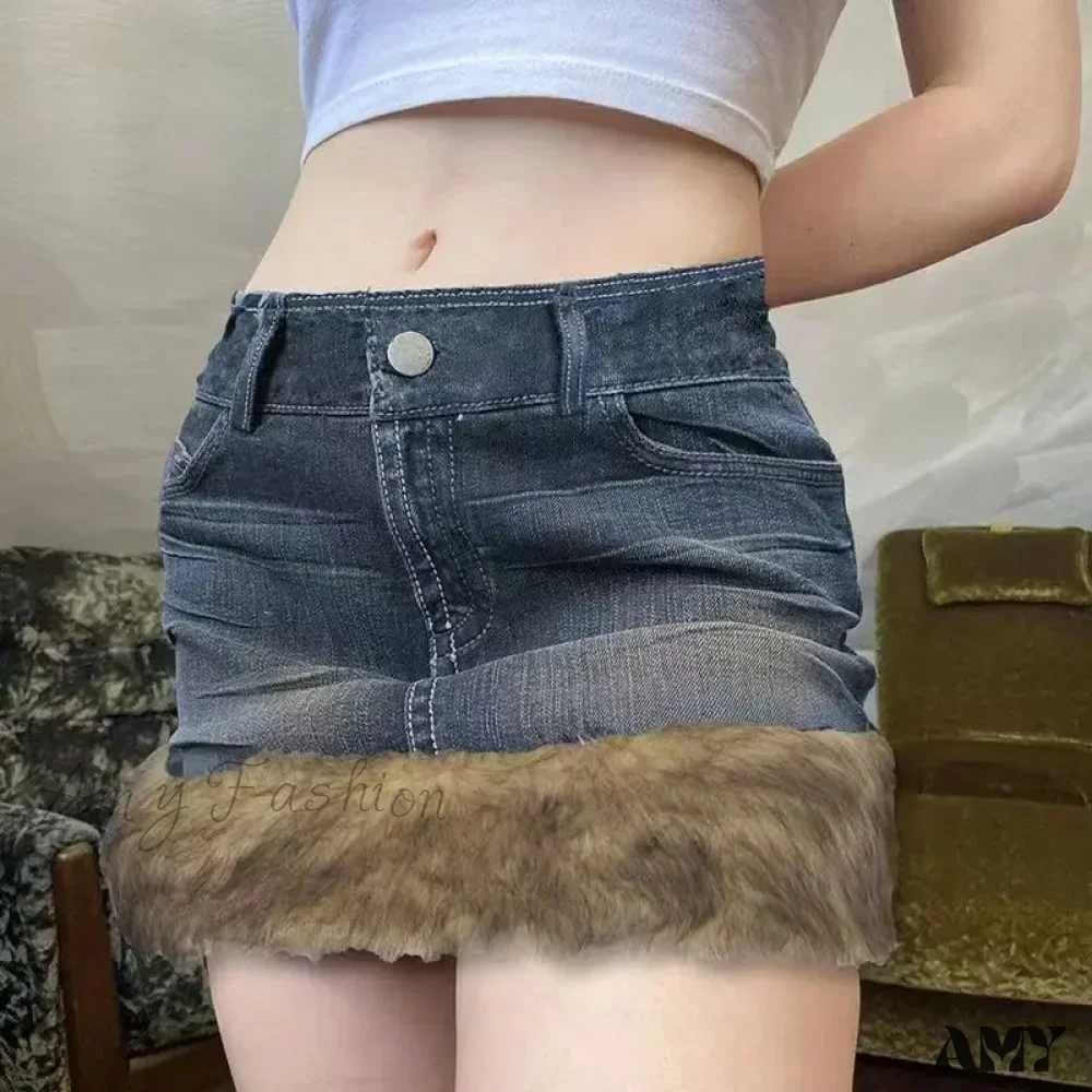 Fur Patchwork American Retro Sexy High Waist Mini Y2K Casual Streetwear A-Line Skirt - Image 4