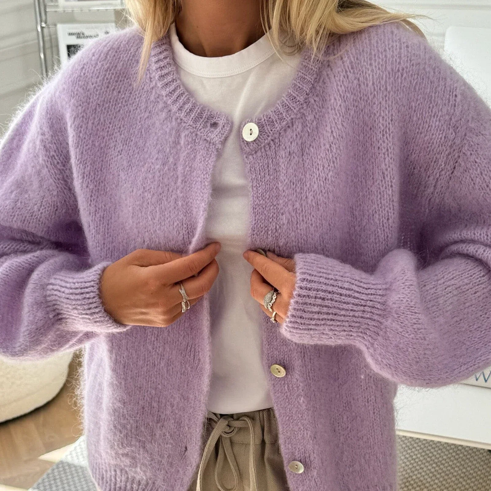 Fuzzy Button Down Knit Warm Cardigan - Image 10