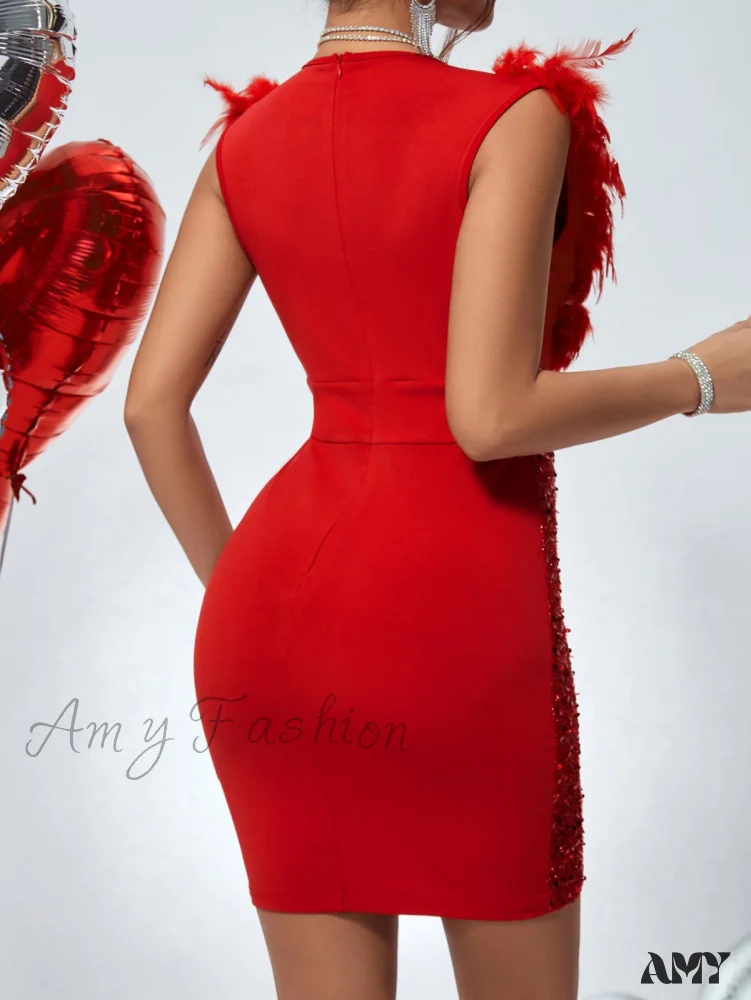 Amy Fashion - Fuzzy Trim Sequin Zip Back Bodycon Dress - Image 2