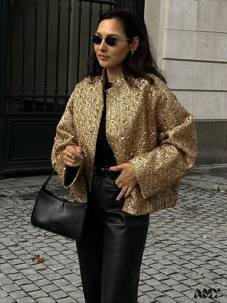 Gold Sequin Decoration Loose Short New Fashion Versatile Warm Chic Elegant Coat - Image 2