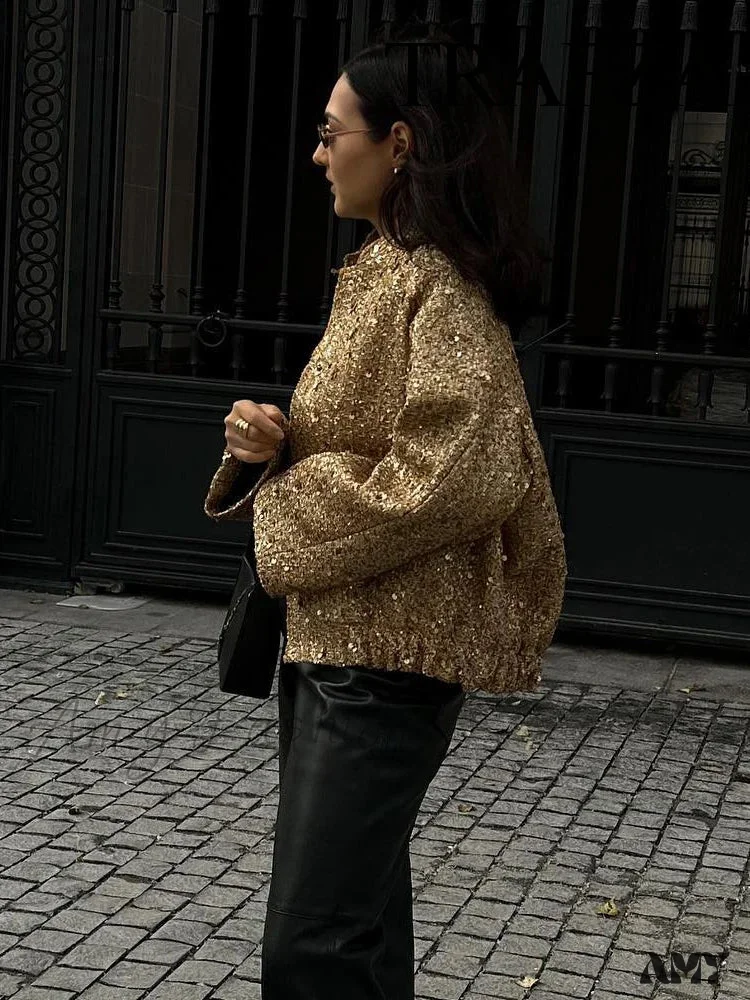 Gold Sequin Decoration Loose Short New Fashion Versatile Warm Chic Elegant Coat - Image 3