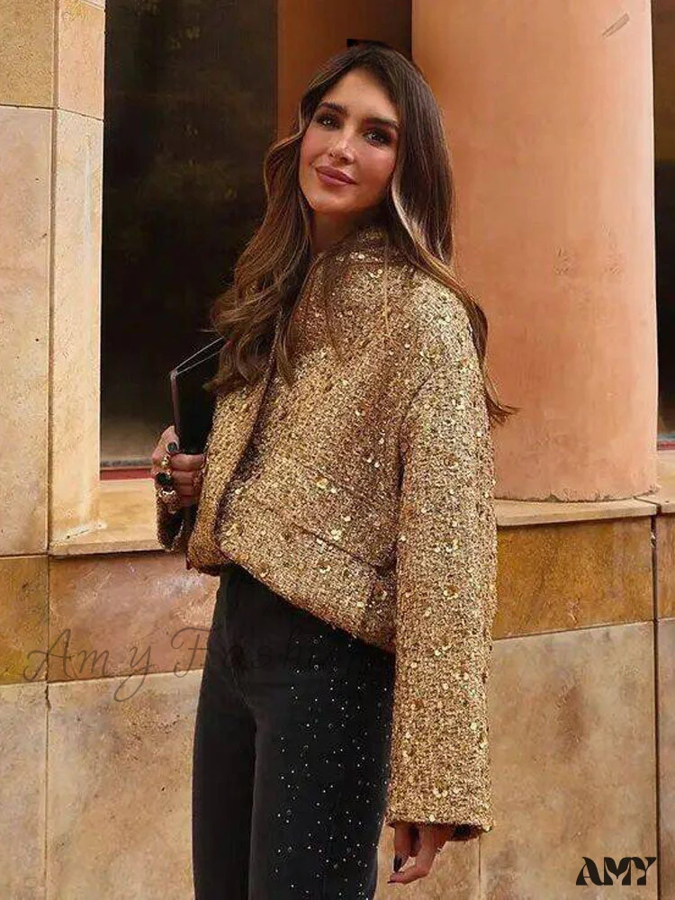 Gold Sequin Decoration Loose Short New Fashion Versatile Warm Chic Elegant Coat - Image 4