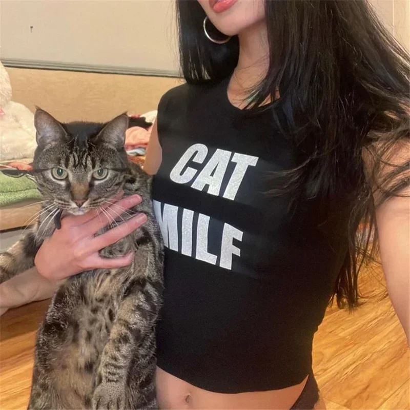 Gothic Cat Letter Grunge Crop T-shirt
