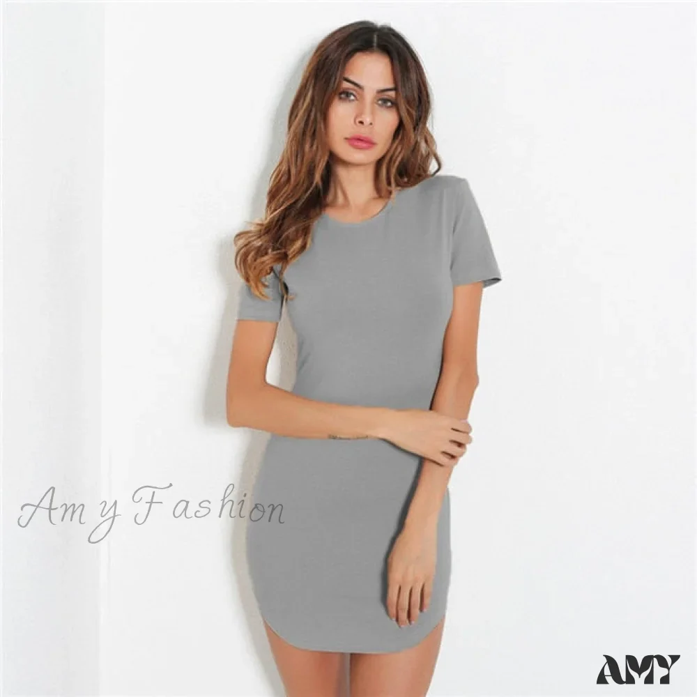 Amy Fashion - Gray Solid Patchwork Round Neck Short Dress - Image 5