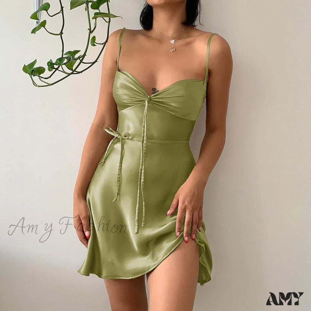 Amy Fashion - Green Mini Dress Sexy Satin Slip Summer Dress - Image 2