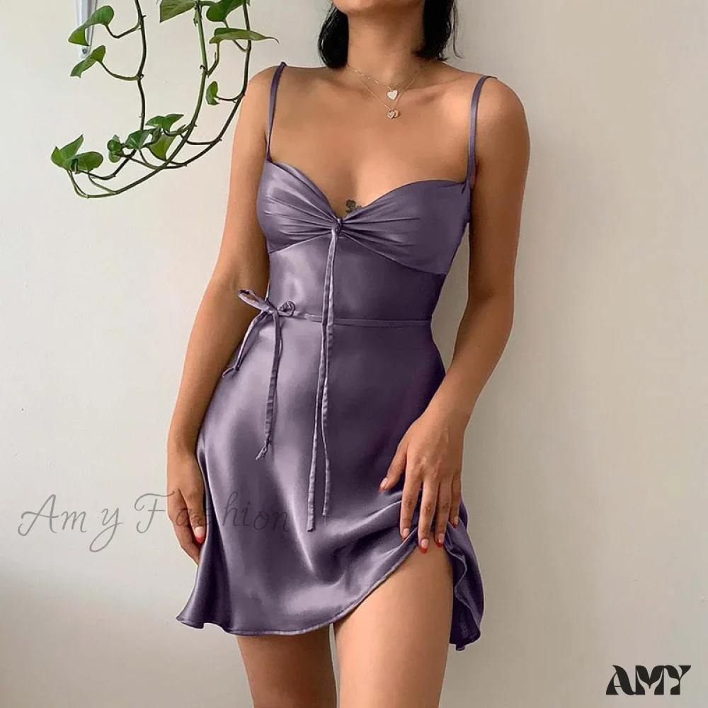 Amy Fashion - Green Mini Dress Sexy Satin Slip Summer Dress - Image 4