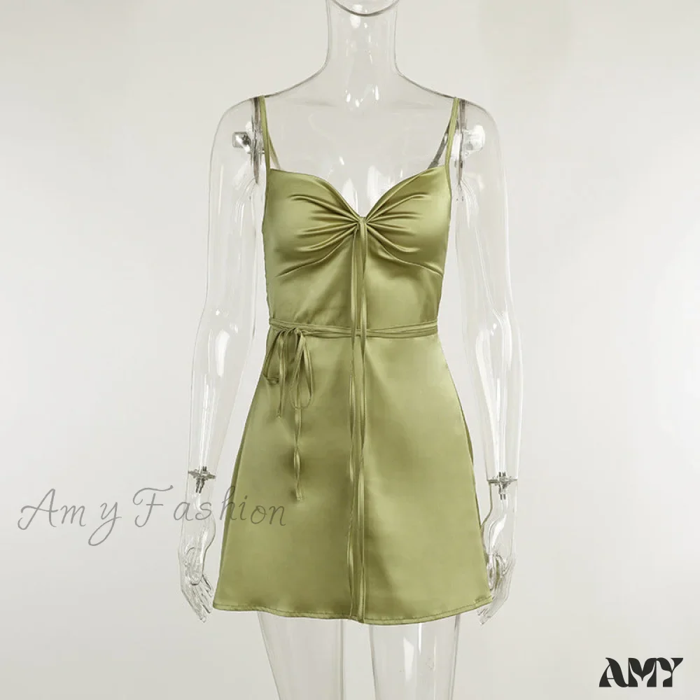 Amy Fashion - Green Mini Dress Sexy Satin Slip Summer Dress - Image 5