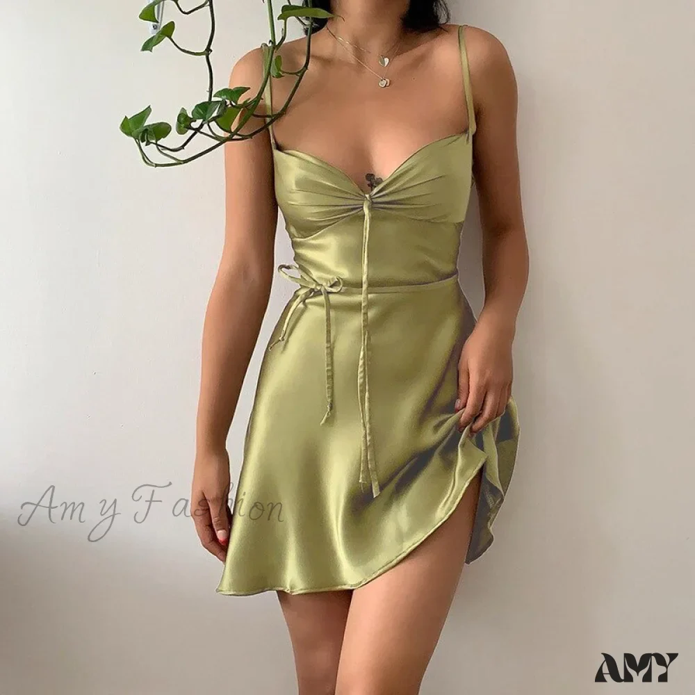 Amy Fashion - Green Mini Dress Sexy Satin Slip Summer Dress - Image 6