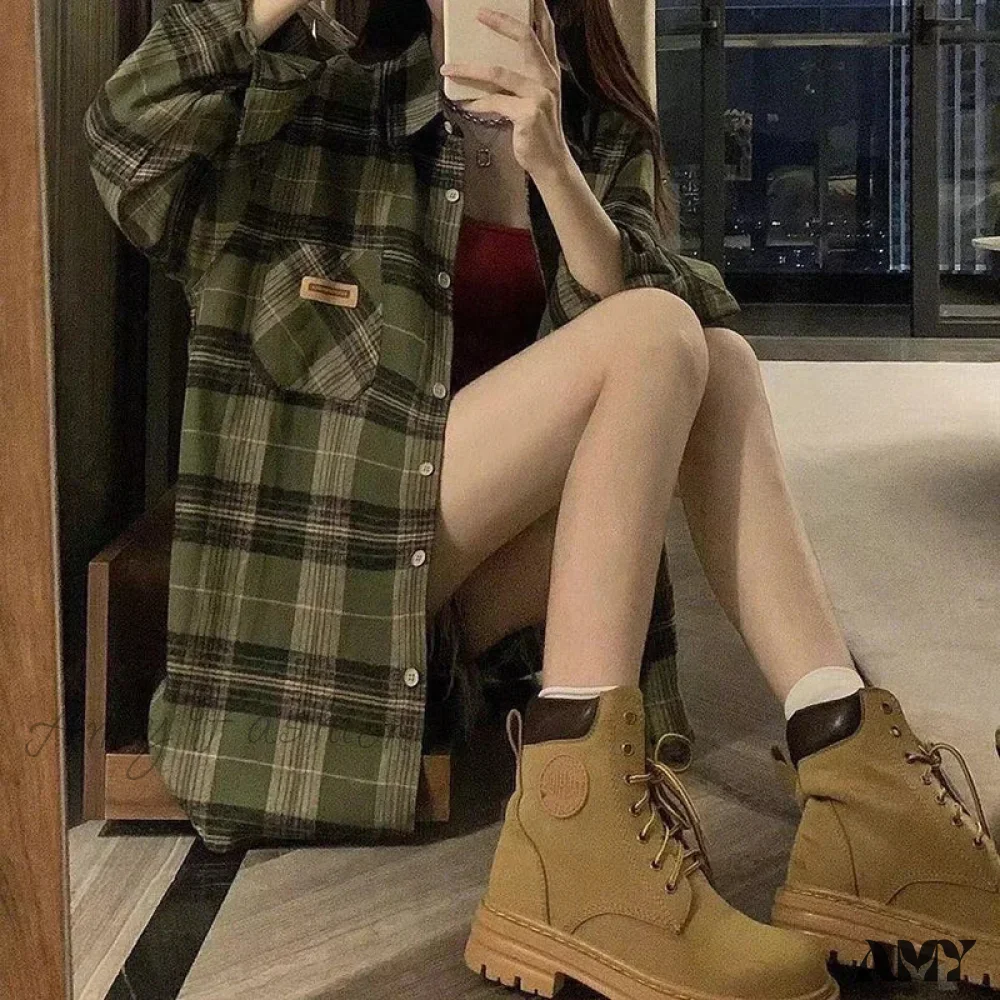 Green Plaid Streetwear Korean Office Lady Oversize Casual Preppy Tops Blouse - Image 2