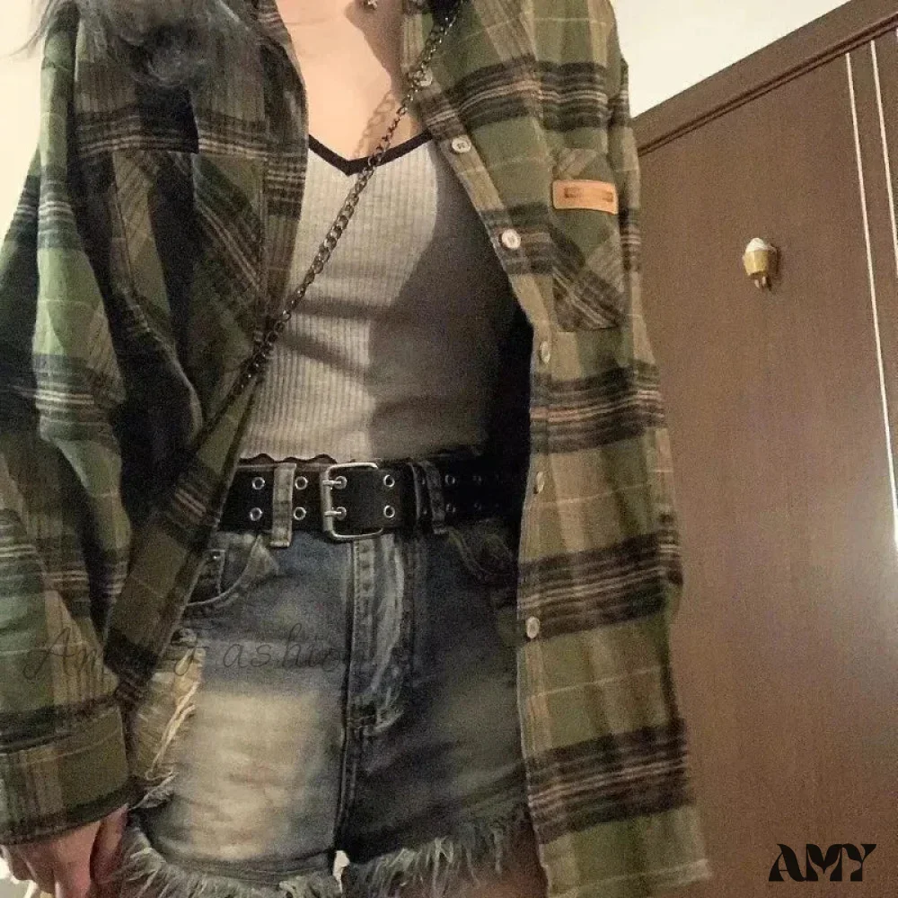 Green Plaid Streetwear Korean Office Lady Oversize Casual Preppy Tops Blouse - Image 3