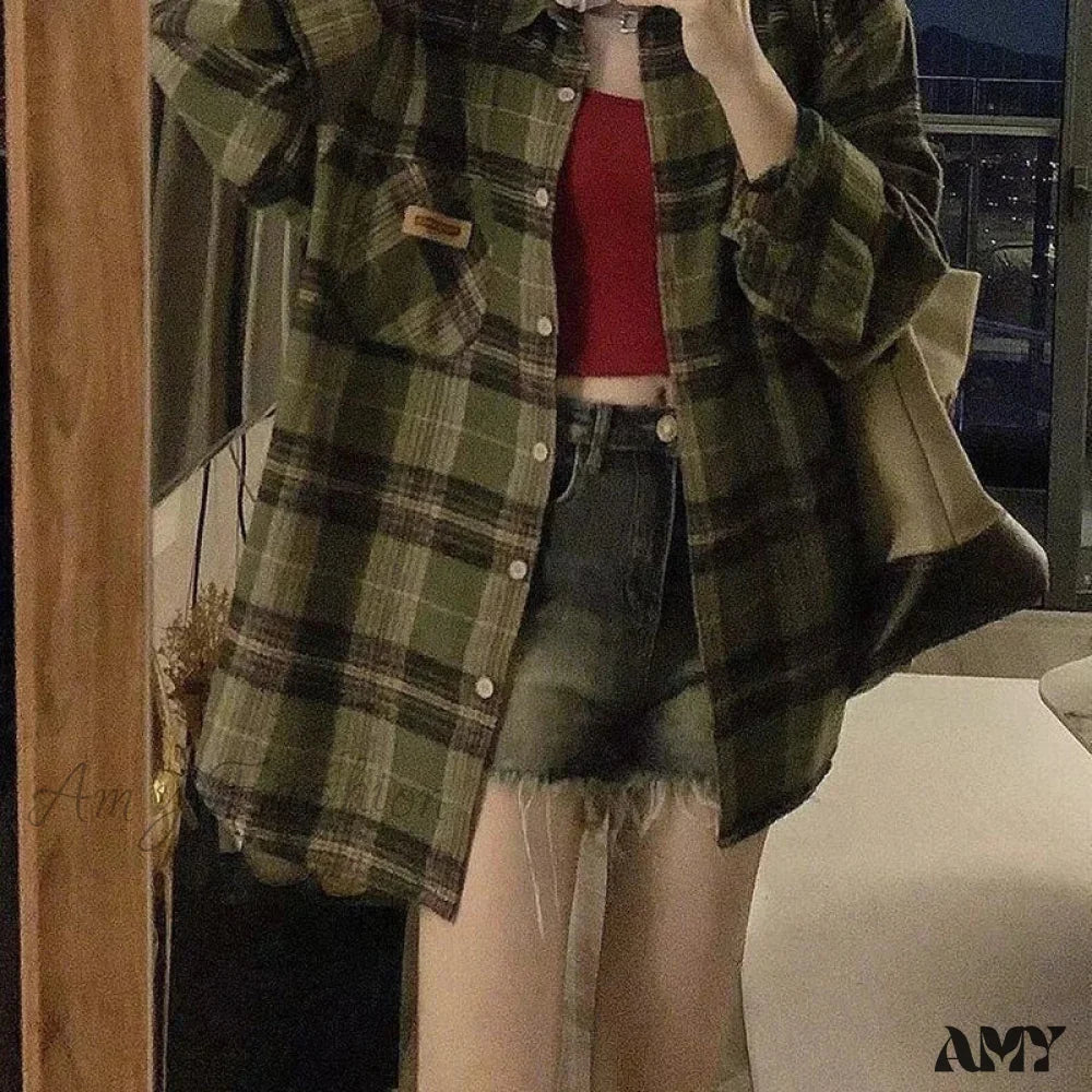 Green Plaid Streetwear Korean Office Lady Oversize Casual Preppy Tops Blouse - Image 4
