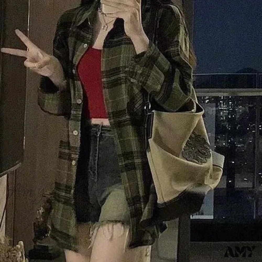 Green Plaid Streetwear Korean Office Lady Oversize Casual Preppy Tops Blouse - Image 5