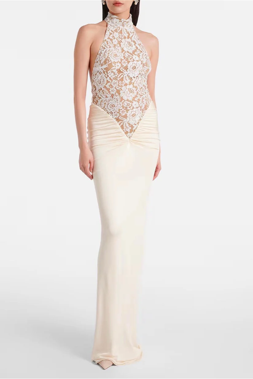Halter Backless Lace Panel High-Waist Bodycon Party Dress - Image 3