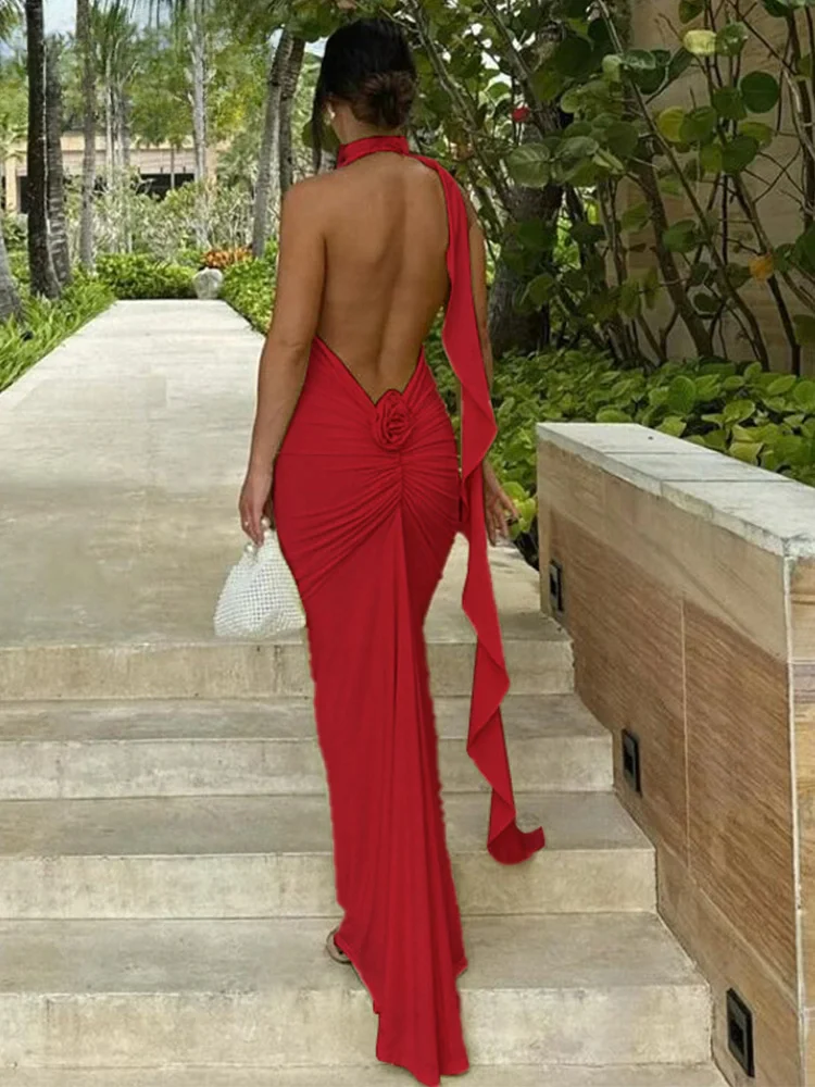 Halter Ribbon V-neck Maxi Floral Dress - Image 3