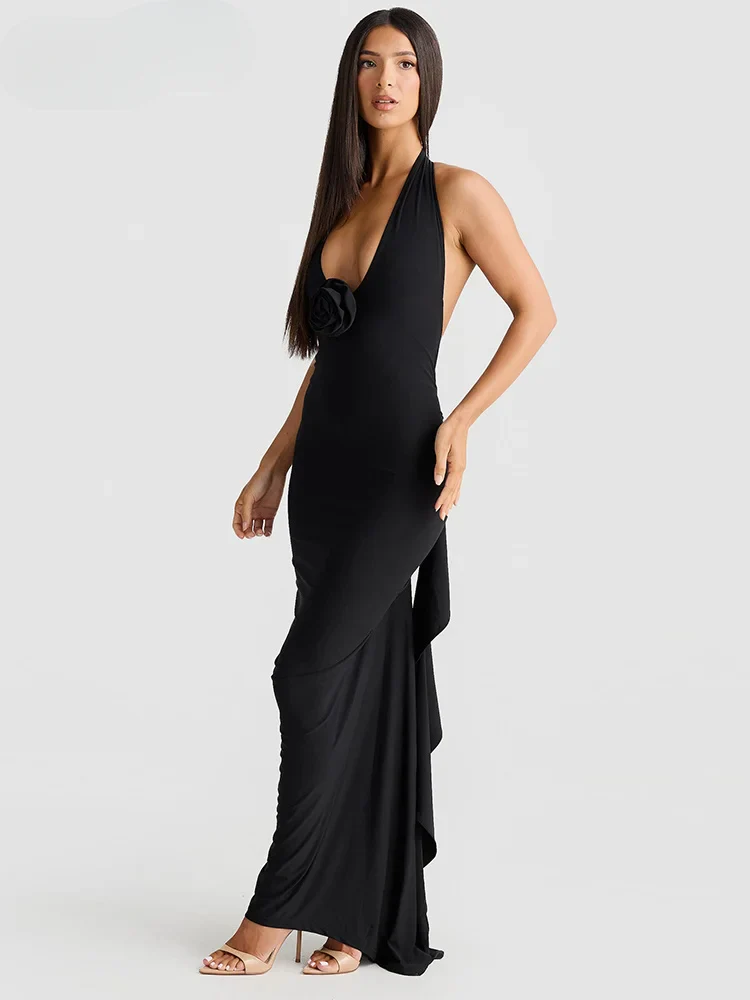 Halter Ribbon V-neck Maxi Floral Dress - Image 5
