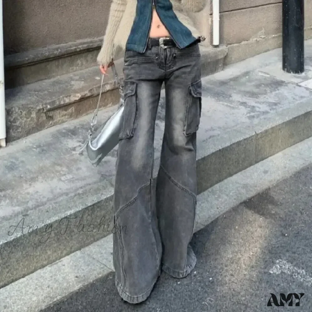 Heavy Industry Retro Washed Low Waist Straight Leg Versatile Spicy Girl Y2K Big Pocket Jean - Image 3