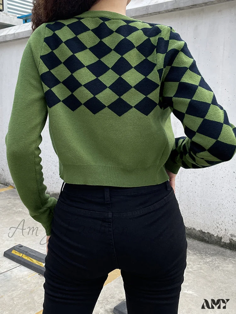 Amy Fashion - Fashion Plaid Green Cropped Knitted Cardigan - Image 3