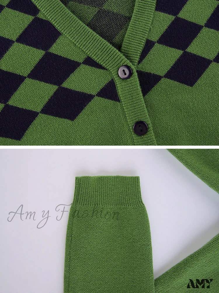 Amy Fashion - Fashion Plaid Green Cropped Knitted Cardigan - Image 4