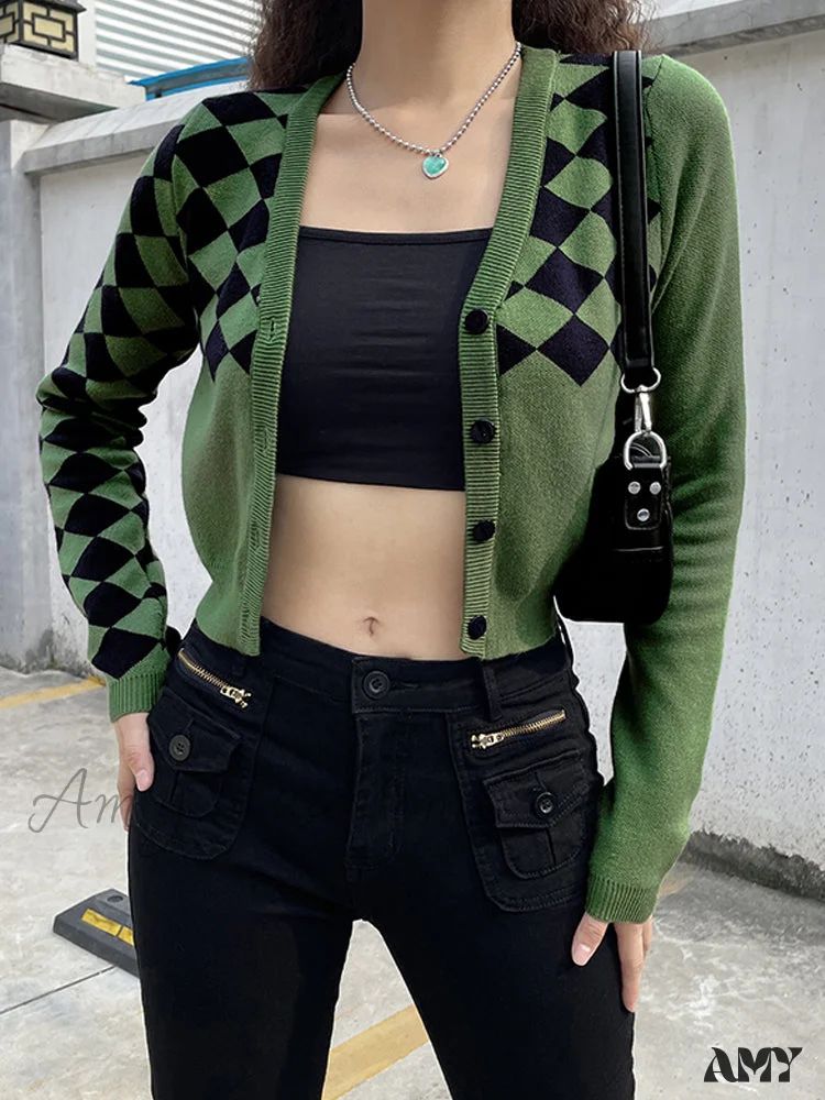 Amy Fashion - Fashion Plaid Green Cropped Knitted Cardigan - Image 5