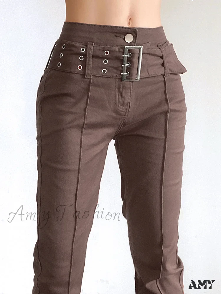 Amy Fashion - Brown Vintage Flared Hight Waist Jeans - Image 4