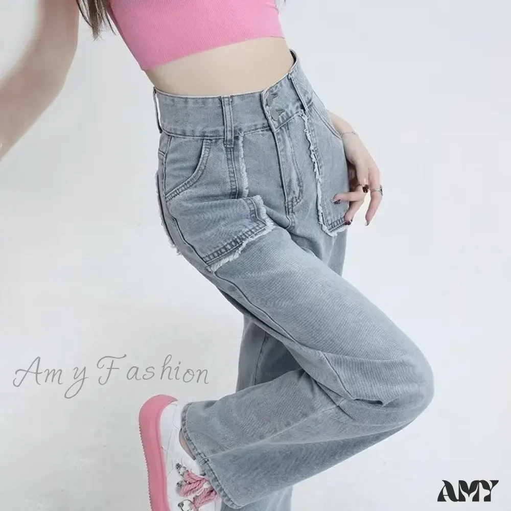 Amy Fashion - High End Raw Edge Stitching Design Lifting Buttocks Slimming Straight Wash Summer Denim Jean - Image 3