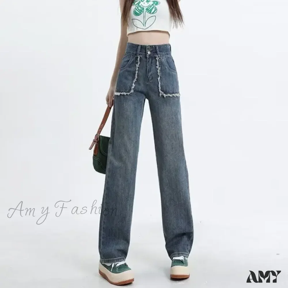 Amy Fashion - High End Raw Edge Stitching Design Lifting Buttocks Slimming Straight Wash Summer Denim Jean - Image 4