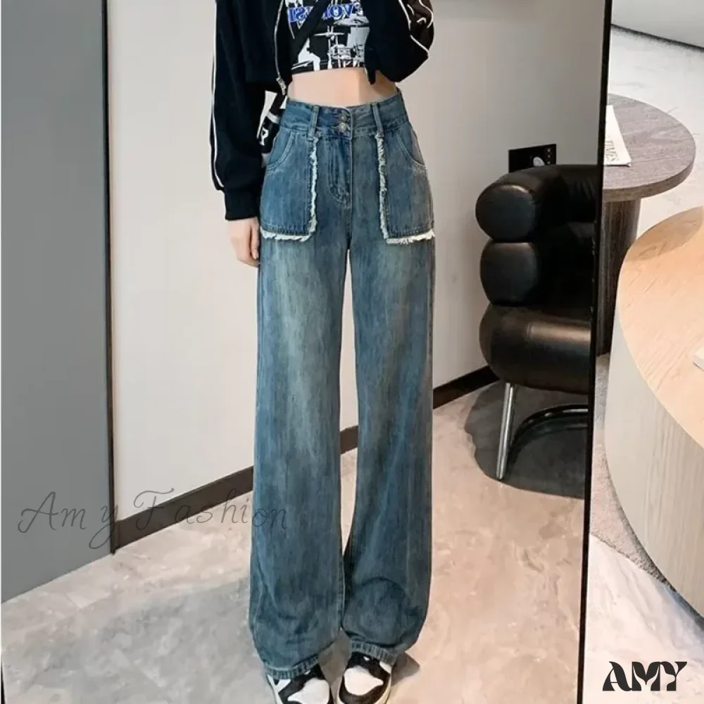 Amy Fashion - High End Raw Edge Stitching Design Lifting Buttocks Slimming Straight Wash Summer Denim Jean - Image 5