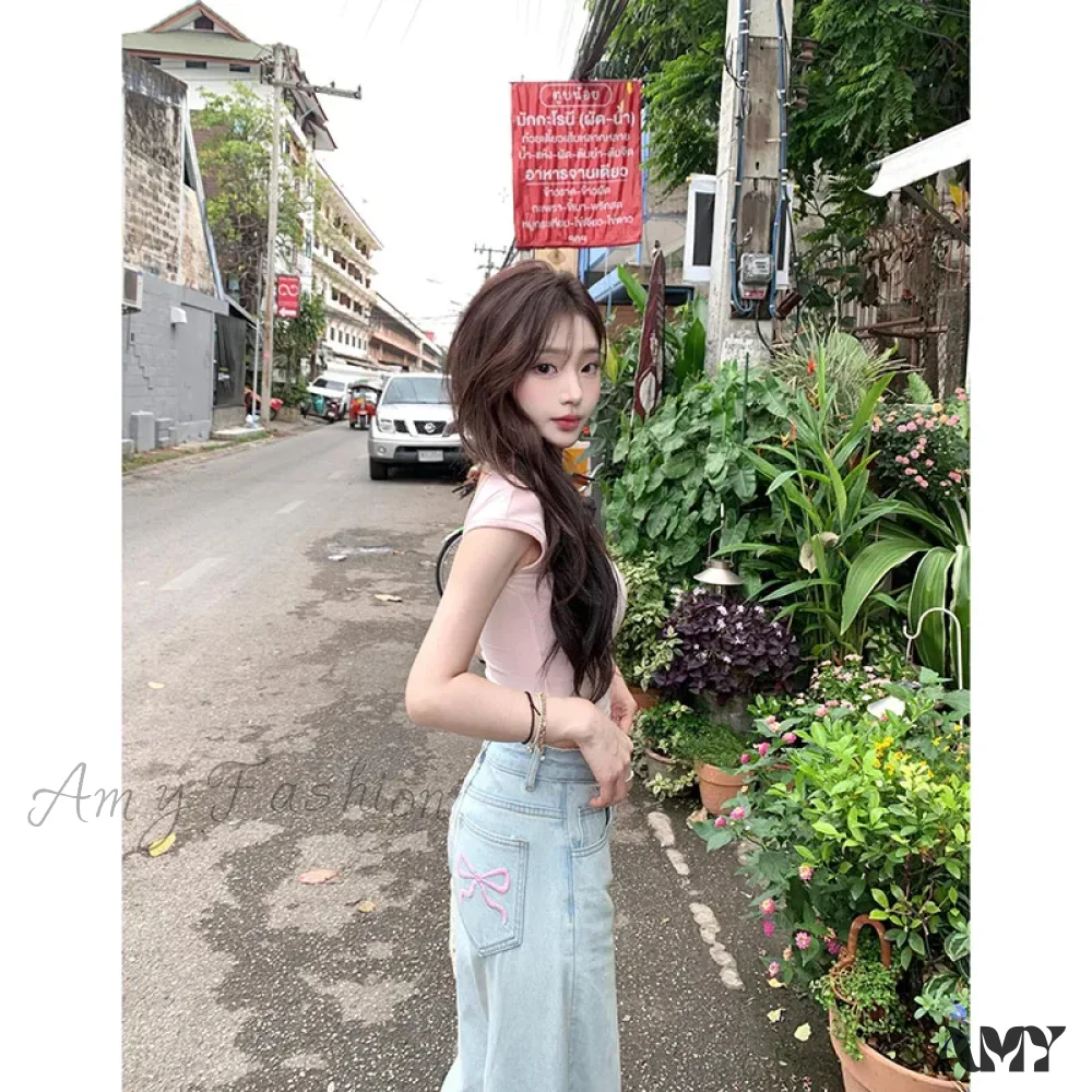 High Quality High Waist American Wide Leg Vintage Y2K Bow Embroidery Straight Summer Jean - Image 2