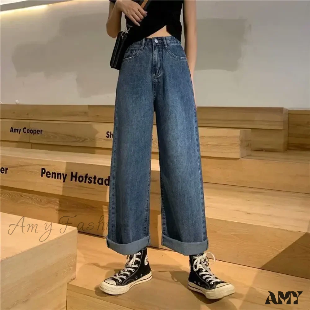 Amy Fashion - High Quality Vintage Blue Wide-Leg Straight Fashion Jean - Image 4