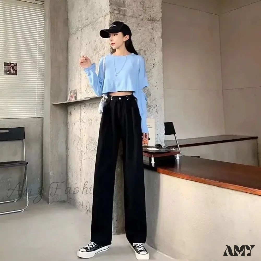 Amy Fashion - High Quality Vintage Blue Wide-Leg Straight Fashion Jean - Image 5