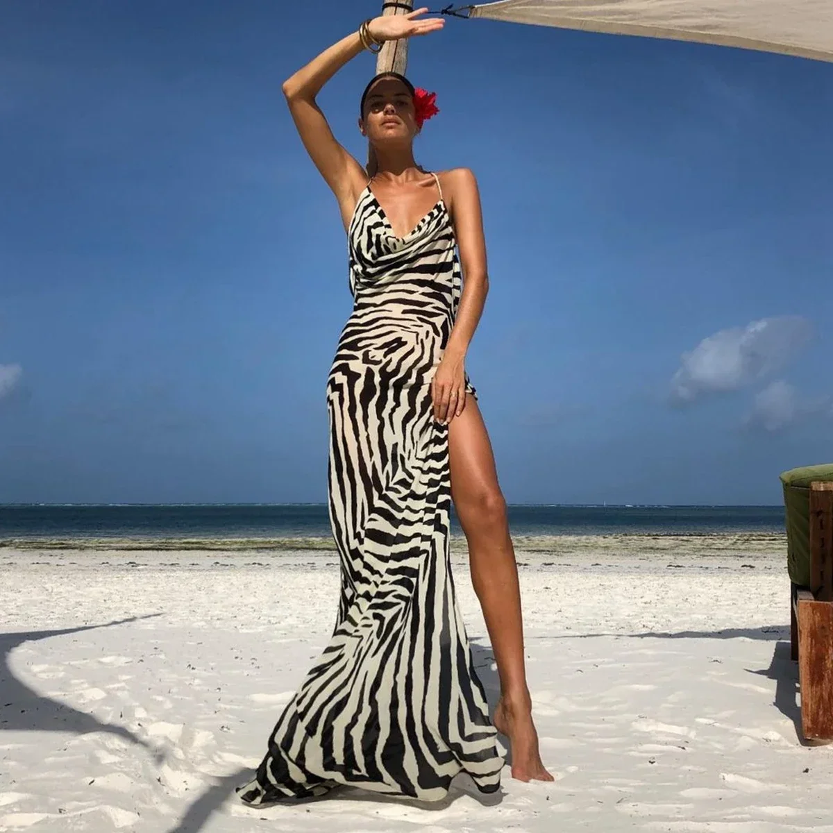 High Split Leopard See-through Vacation Dress - Image 3