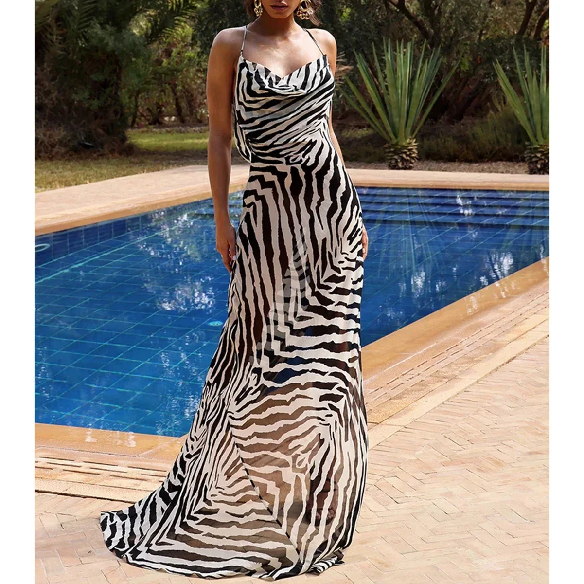 High Split Leopard See-through Vacation Dress - Image 7