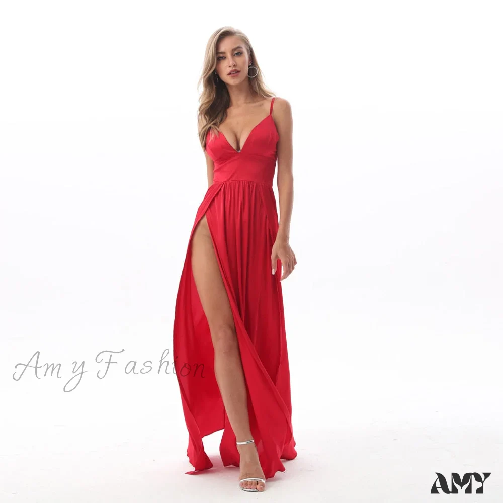 Amy Fashion - High Splits Red Satin Night Club Party Dress