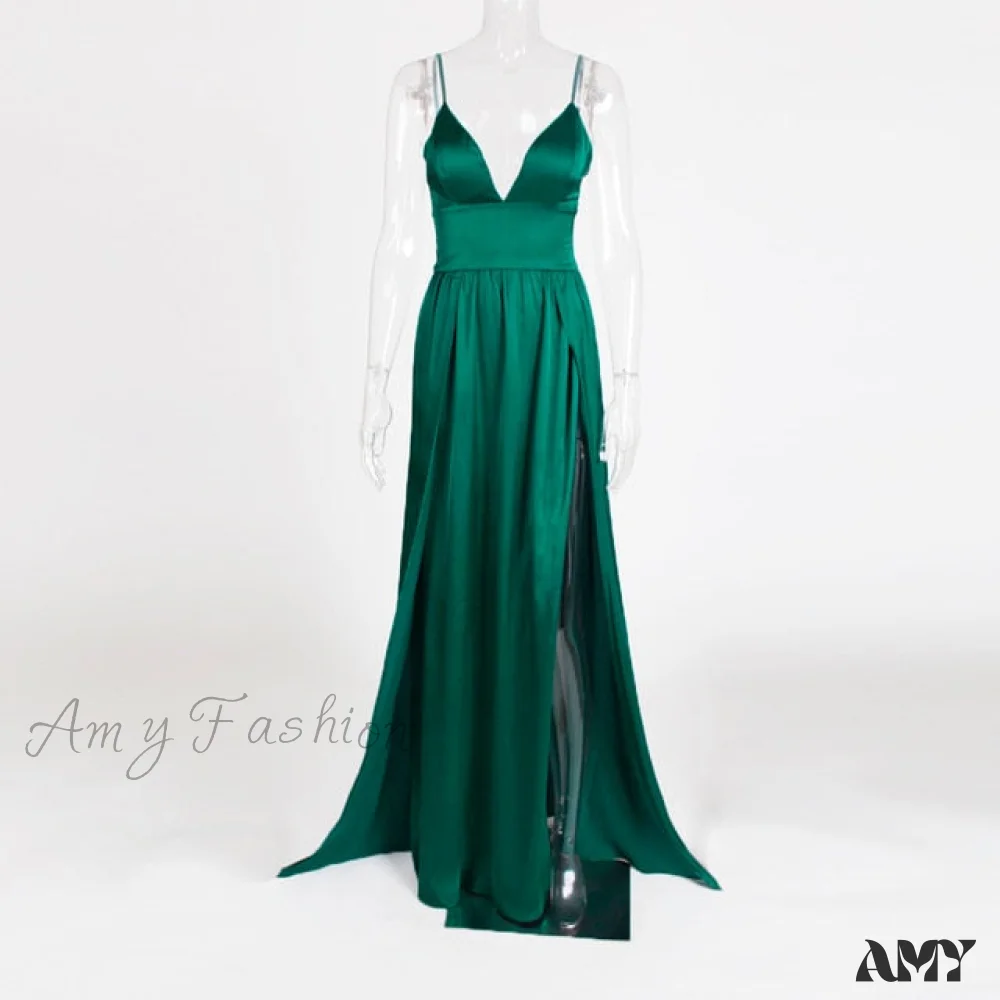 Amy Fashion - High Splits Red Satin Night Club Party Dress - Image 3