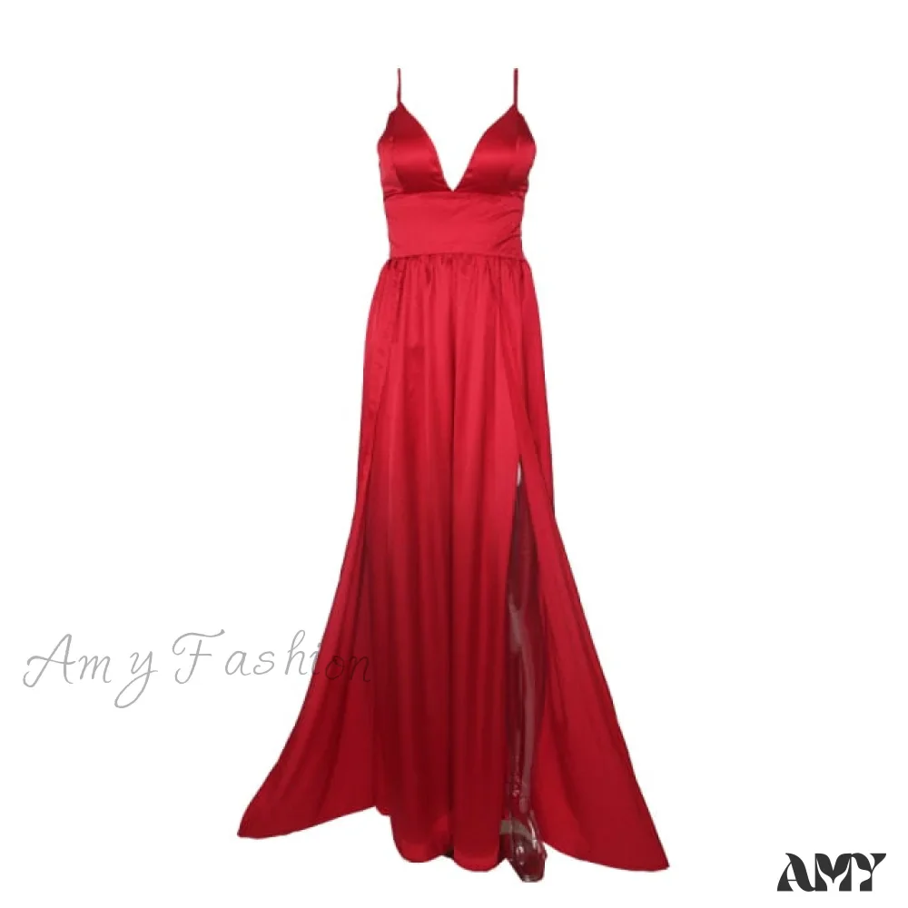 Amy Fashion - High Splits Red Satin Night Club Party Dress - Image 4
