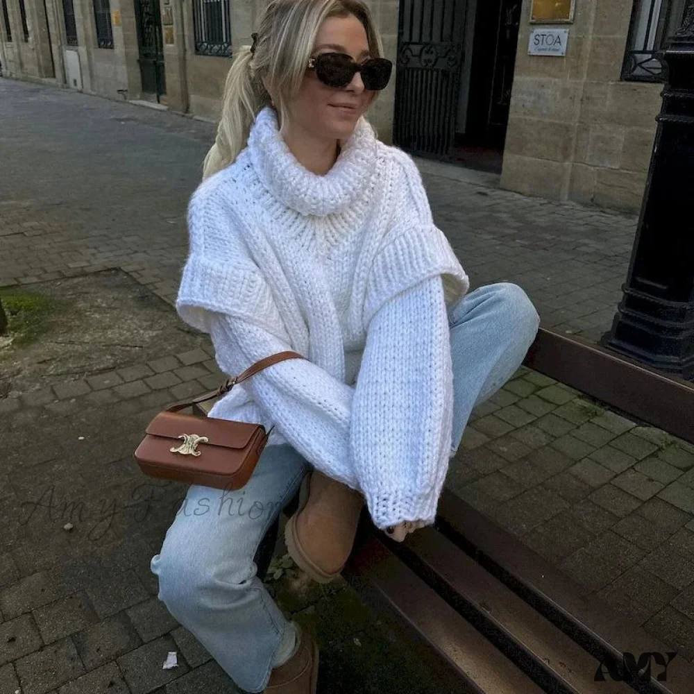 High Street Fashion Women 2024 Autumn Elegant Solid Flying Sleeve Loose Winter Warm Sweater - Image 4