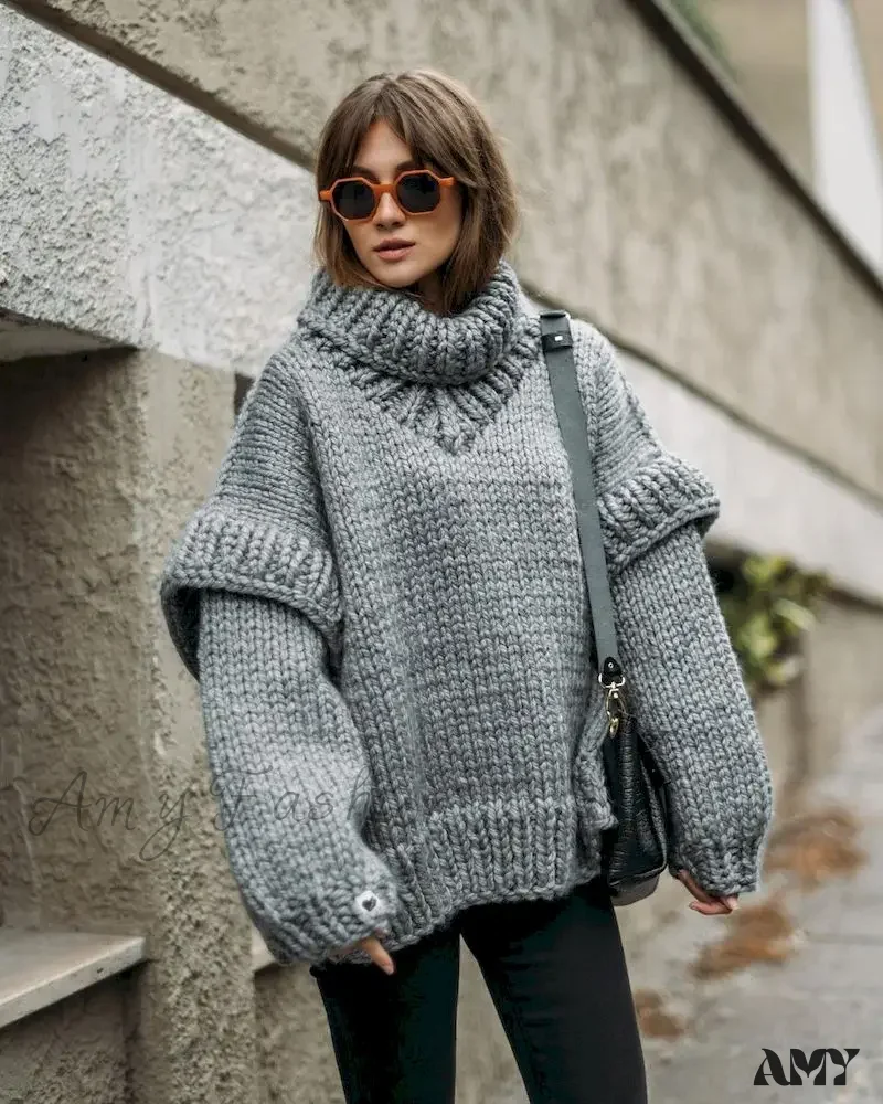 High Street Fashion Women 2024 Autumn Elegant Solid Flying Sleeve Loose Winter Warm Sweater - Image 9
