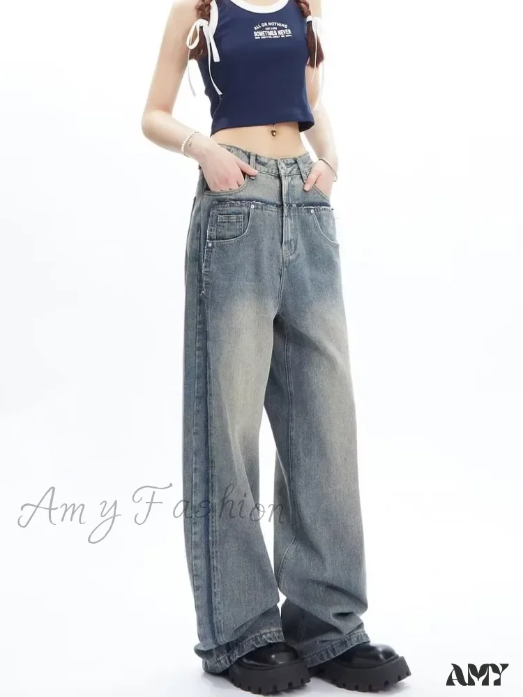 Amy Fashion - High Street Niche Design Wide Leg Washed For Men And Women Straight Tube Loose Fitting Retro Pants Trendy Women's Jean - Image 2