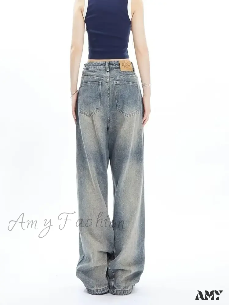 Amy Fashion - High Street Niche Design Wide Leg Washed For Men And Women Straight Tube Loose Fitting Retro Pants Trendy Women's Jean - Image 3