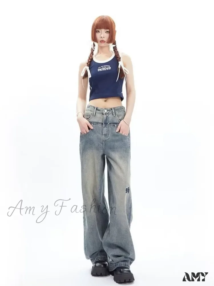 Amy Fashion - High Street Niche Design Wide Leg Washed For Men And Women Straight Tube Loose Fitting Retro Pants Trendy Women's Jean - Image 4