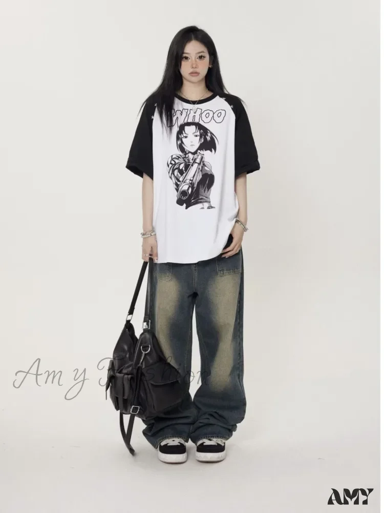 Amy Fashion - High Street Trendy Brand Summer Retro Straight Tube Floor Sweeping Denim Jean - Image 2