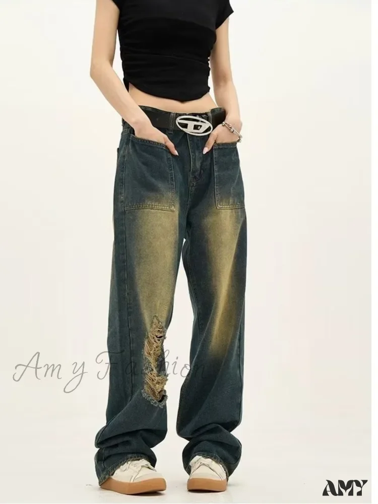 Amy Fashion - High Street Trendy Brand Summer Retro Straight Tube Floor Sweeping Denim Jean - Image 4