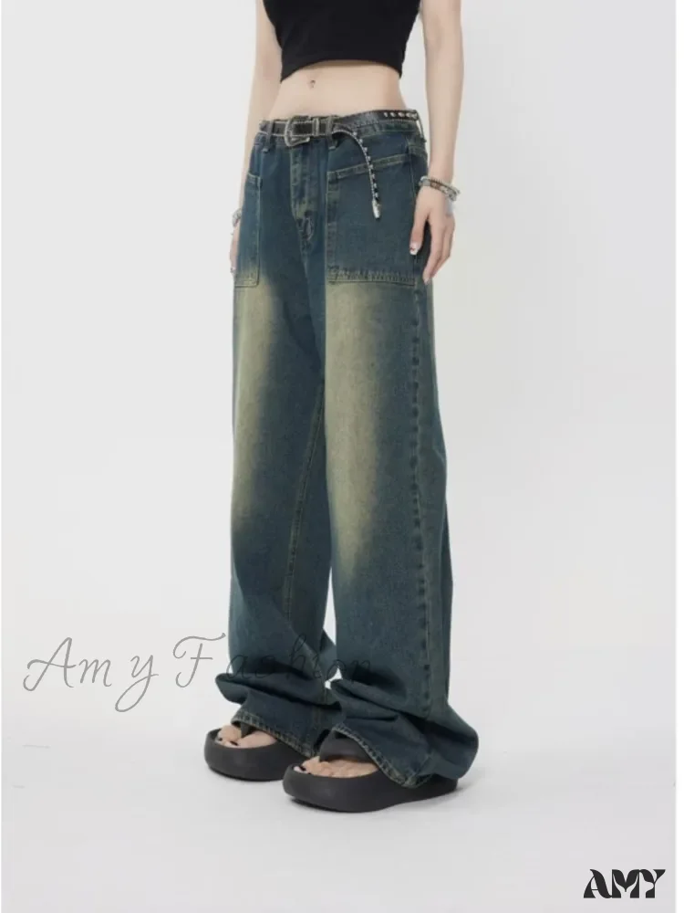Amy Fashion - High Street Trendy Brand Summer Retro Straight Tube Floor Sweeping Denim Jean - Image 5